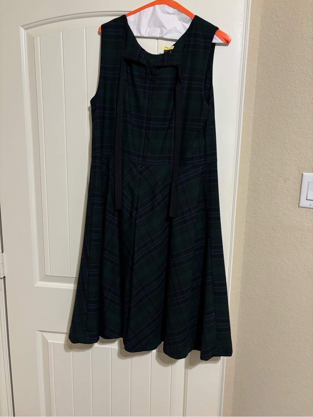 Talbots Green and Navy Plaid Midi Dress with Neck Tie